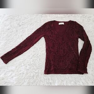 Abercrombie & Fitch Lace Top Long Sleeve V-neck Sheer Sleeves Maroon Womens S